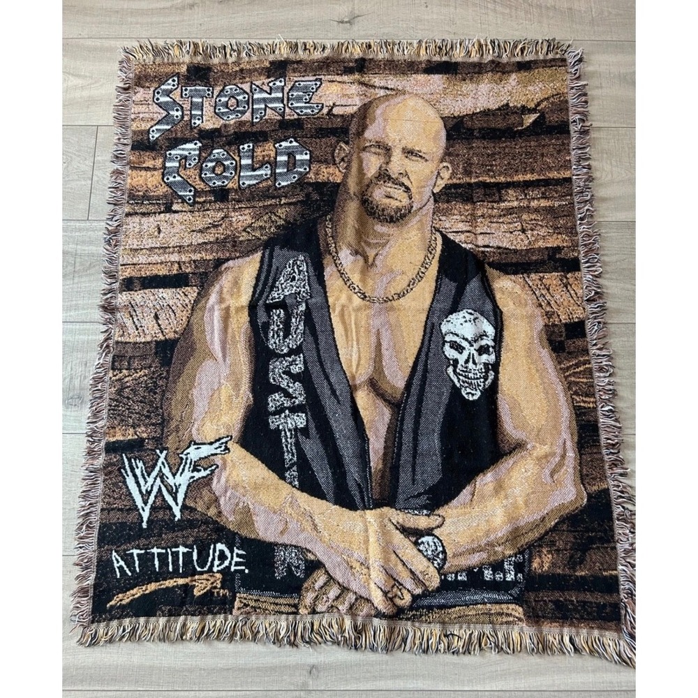 Vintage WWF Stone Cold Steve Austin Woven Tapestry Throw Blanket Attitude Era